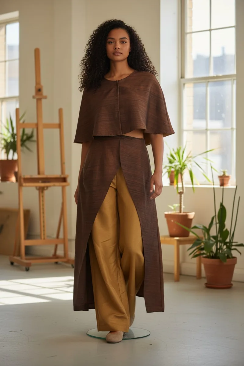 Architectural Set: cape-line top over elongated two-tone trousers.