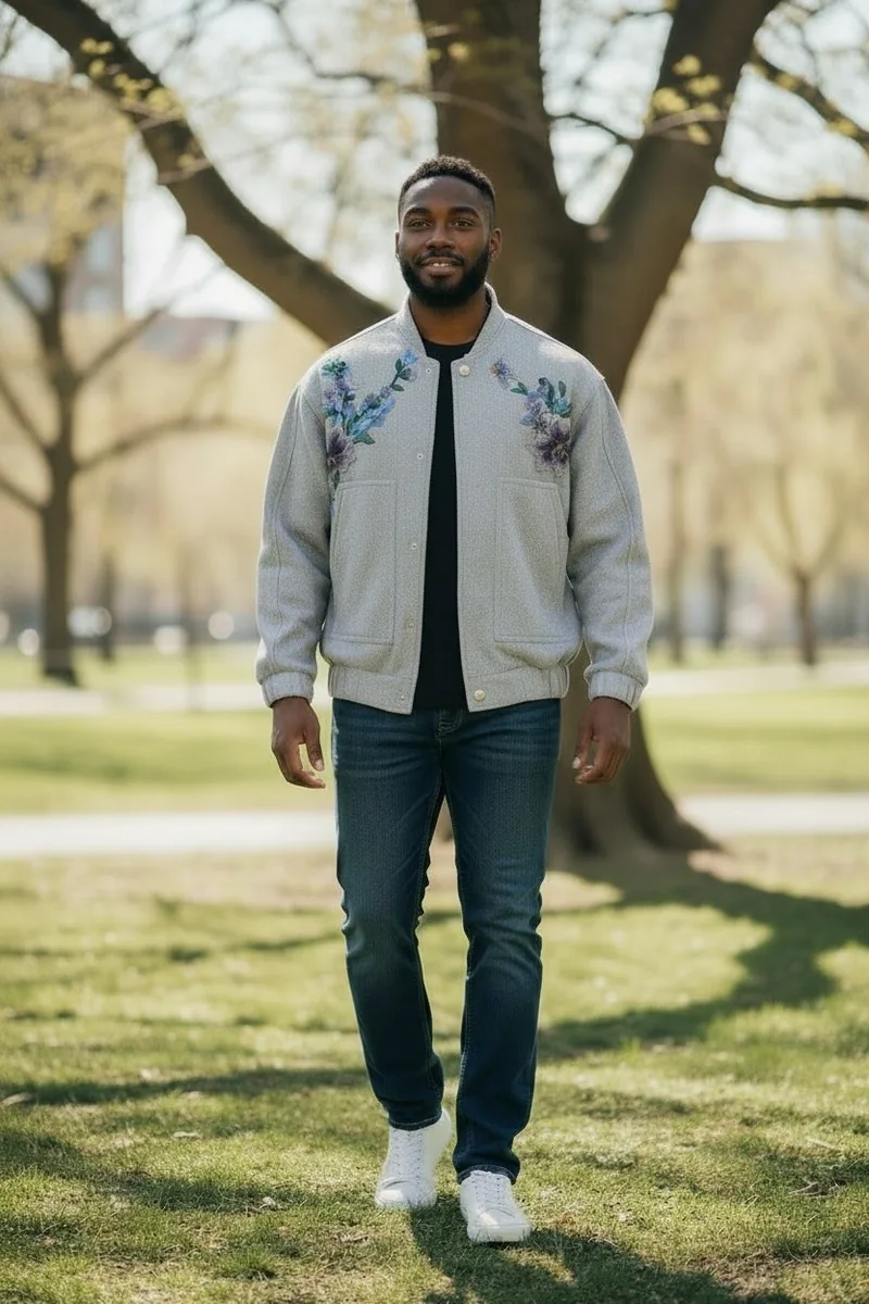 Botanical Jacket, front view, violet floral surface work.
