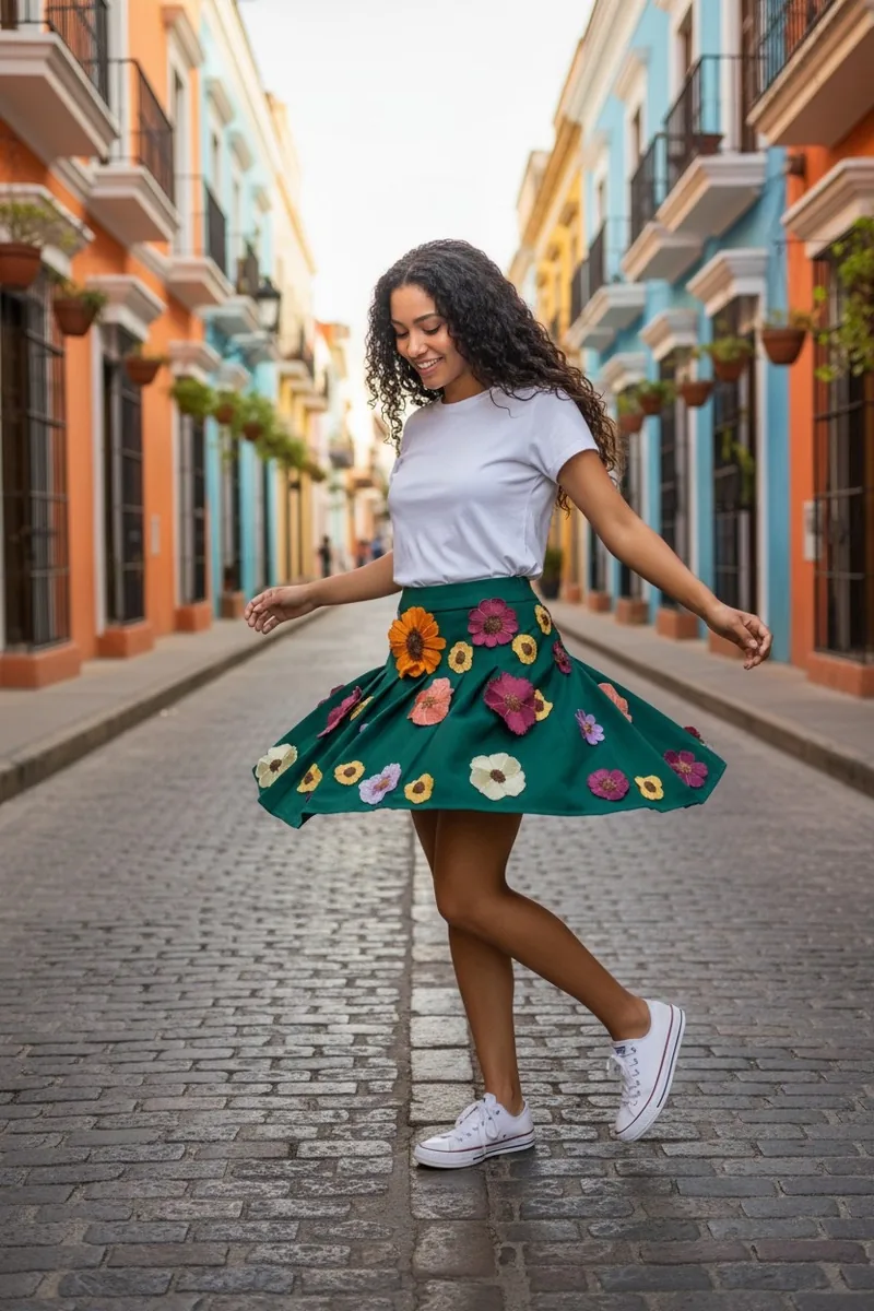 Floral appliqué skirt in movement on a colourful street.