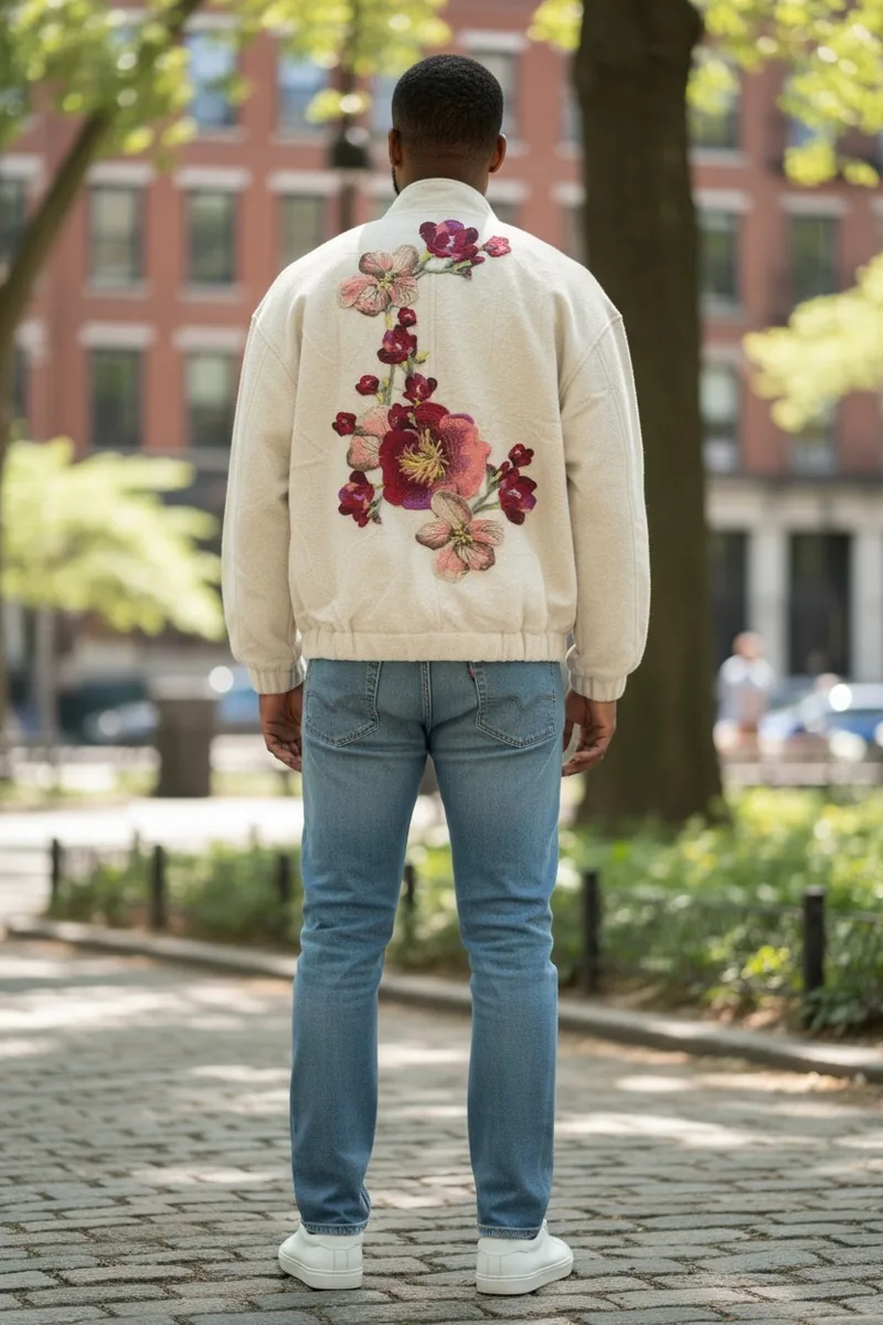 Reverse Botanical Study, back view of a cream bomber.