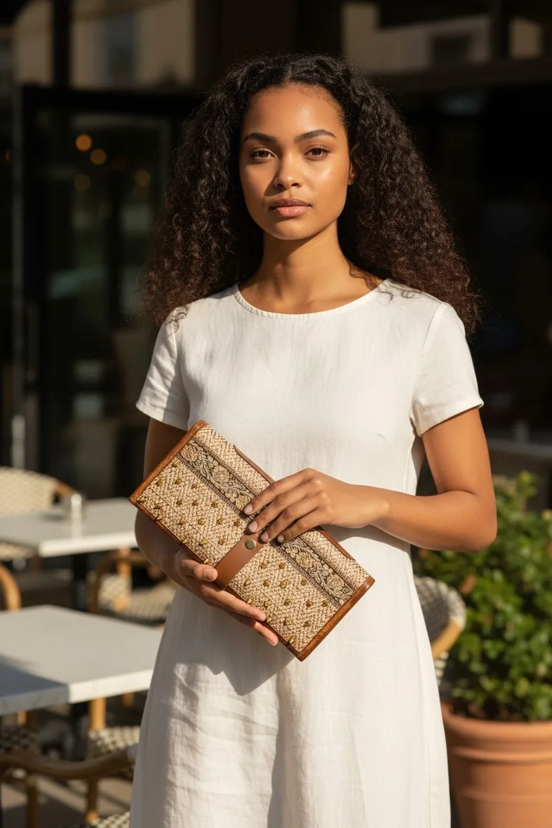 Woven artisan clutch with tooled leather trim, held in both hands.