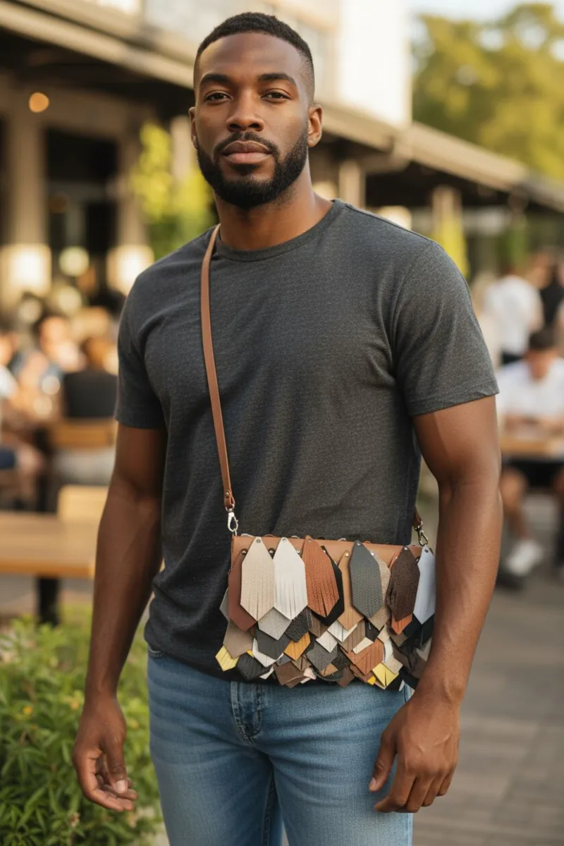 Patchwork leather crossbody bag worn by a model on a cafe terrace.