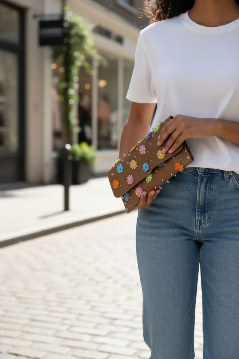 Clutch embroidered with flowers, held at the hip.