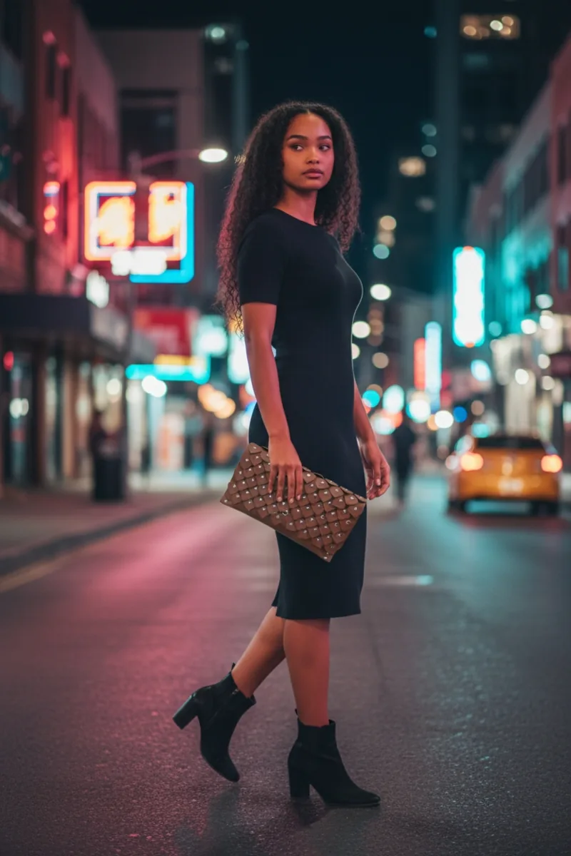 Lattice-embossed clutch carried at night.
