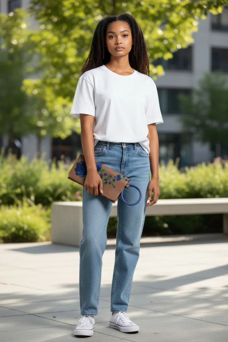 Embroidered wristlet clutch with white jeans and a white tee.