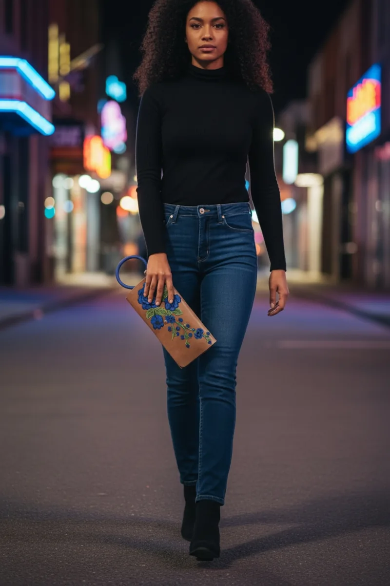 Blue-embroidered wristlet carried on a neon-lit street.