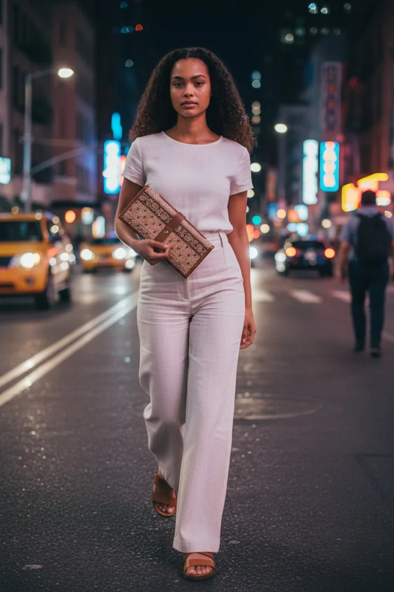 Patterned clutch carried at night with white trousers.
