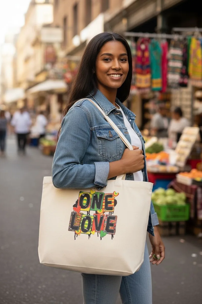 One Love canvas carryall worn over the shoulder at a market.